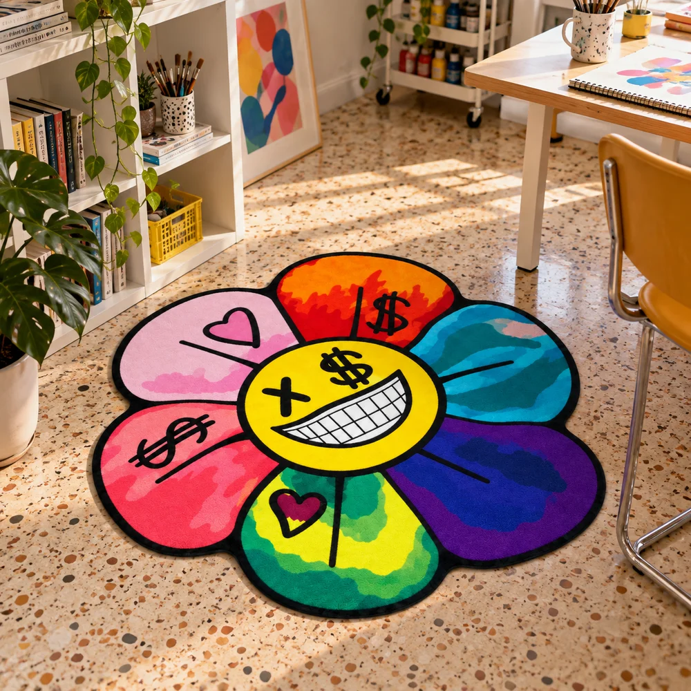 Colorful Money Flower Shaped Area Rug, Smiling Dollar Face Novelty Floor Mat For Bedroom, Dorm, Living Room Decor And Gifts