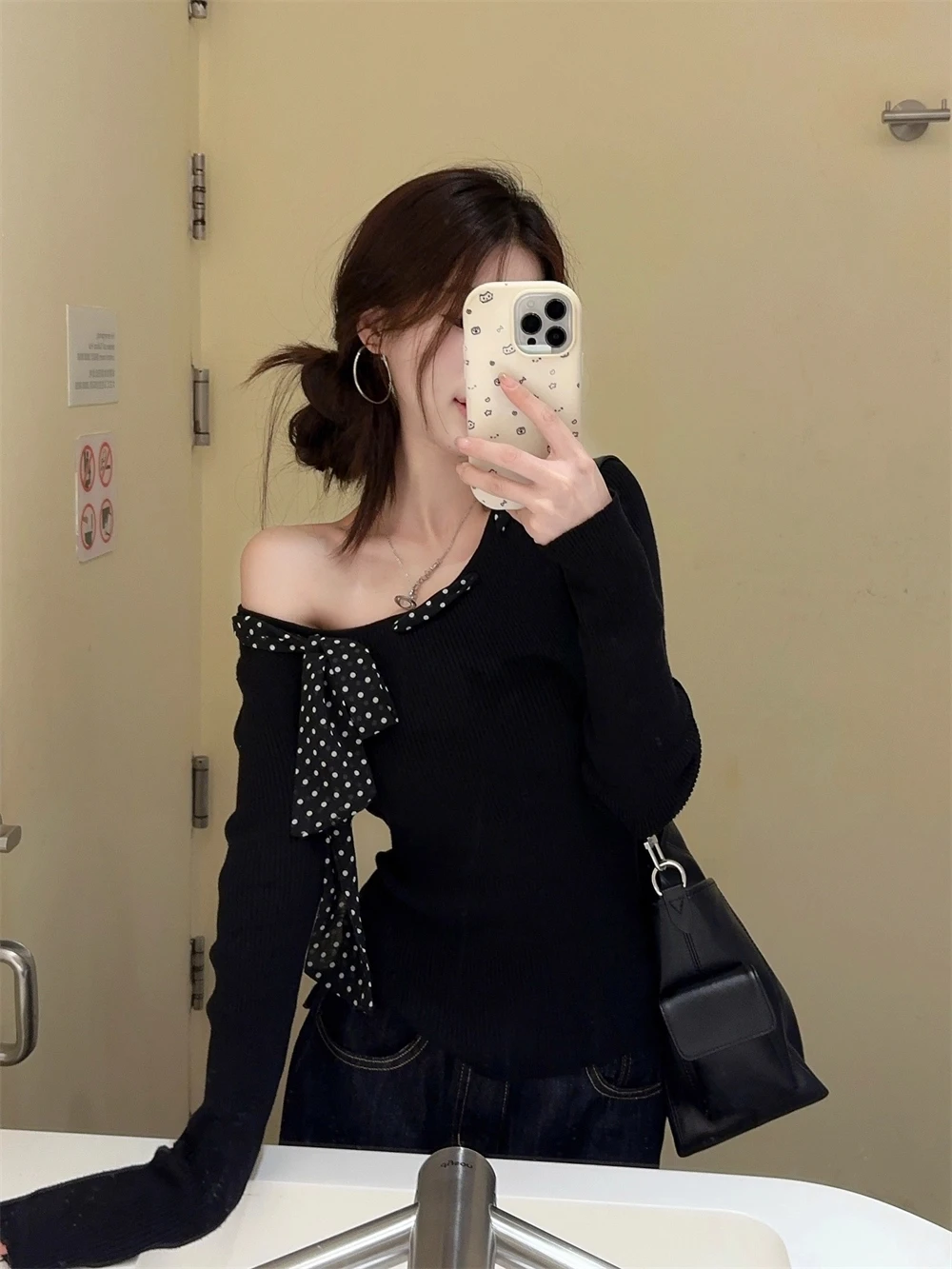 

Bla Polka Dot Bow Knot oulder Bared Knitted Base irt Женский дизайн ранней осени ор Шикарный сладкий и пряный топ