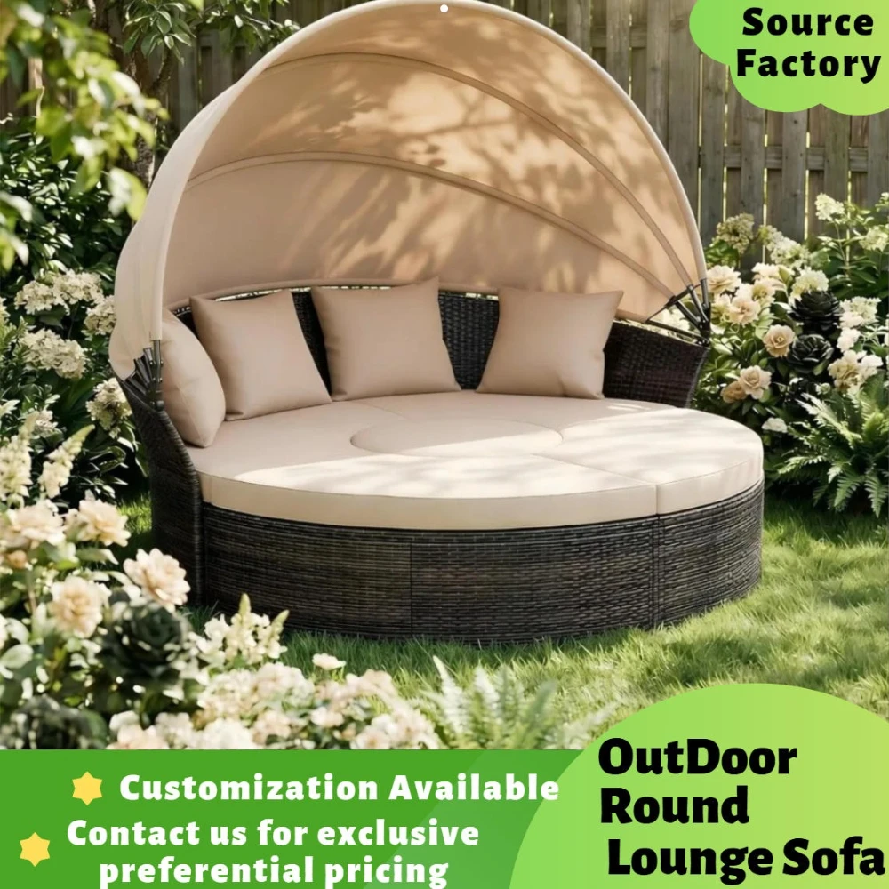 

Round Patio Wicker Daybed with Retractable Canopy Clamshell Sectional Seating Washable Cushions for Backyard Poolside Garden