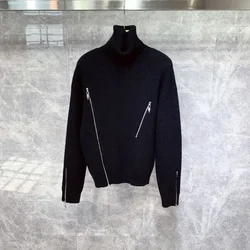 High Collar Knit Sweater Male Black Zipper Pullovers Turtleneck Men's Clothing White Zip-up Neck Y2k Streetwear Old Casual Baggy