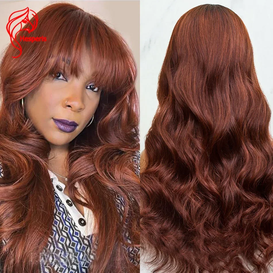 

Hesperis Reddish Brown Human Hair Wig With Bangs Brazilian Remy Body Wave Scalp Top Full Machine Made Wig For Black Women