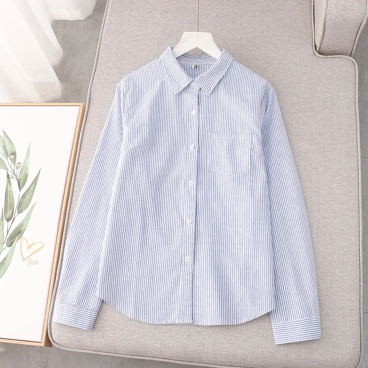 New Autumn Cotton Striped Shirts Women Lapel Collar Top Girl Long Sleeve Loose Commuting Blouses Appear Thin Spring T30603QC