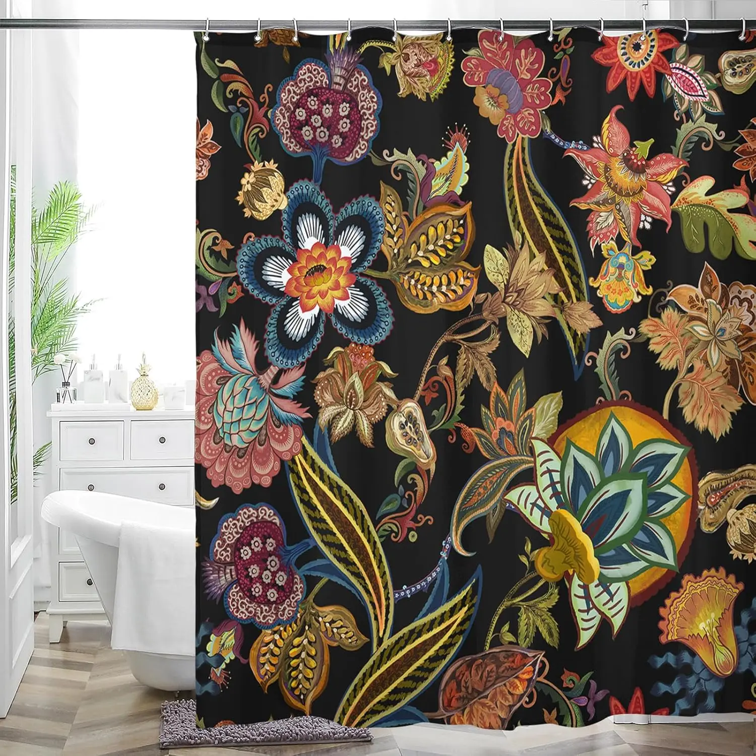 floral shower curtain, artistic black background, multicolor flowers for bathroom decoration, waterproof washable shower curtain