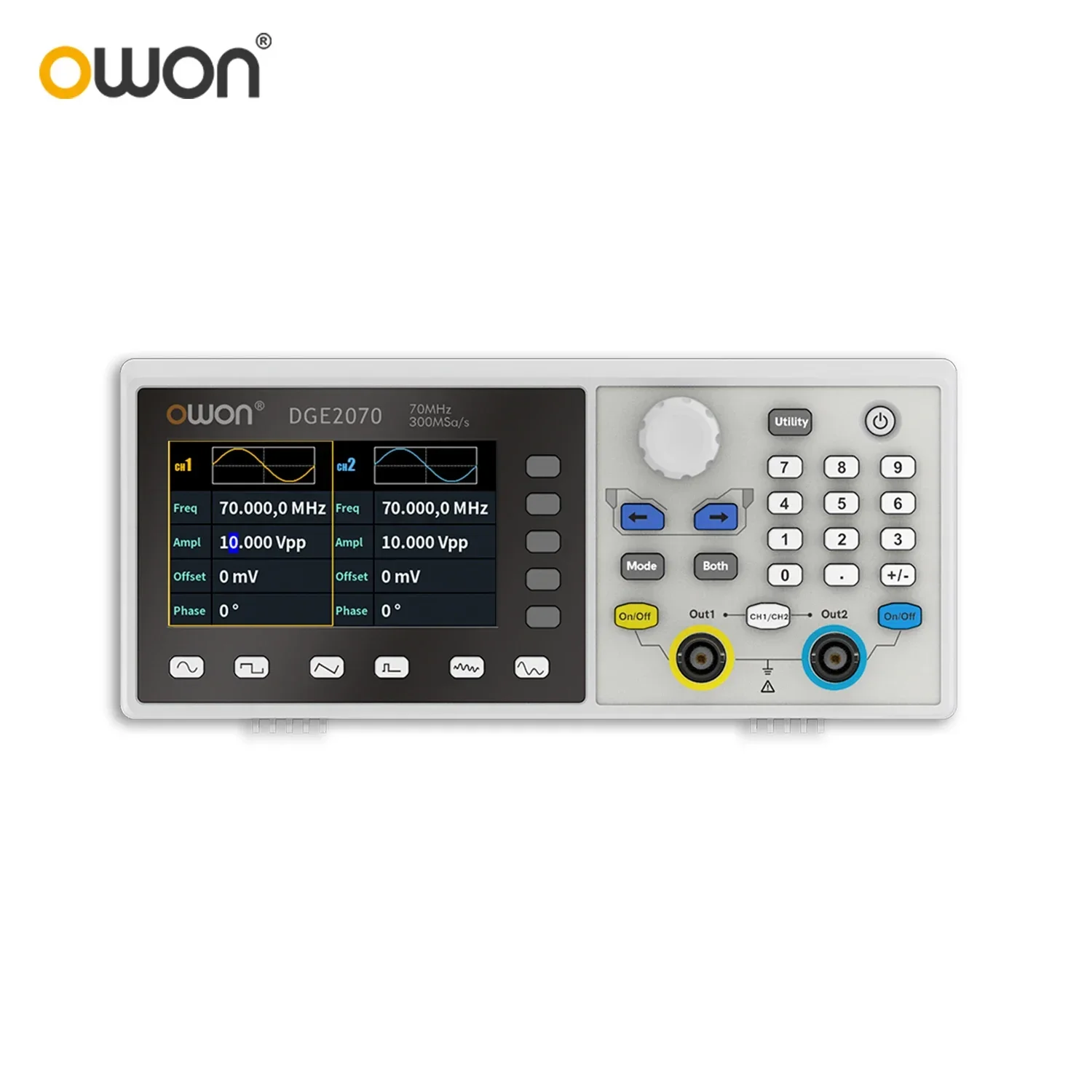 OWON DGE2035 DGE2070: dubbele kanaalgenerator voor willekeurige golfvormen, 35 MHz, 70 MHz, 14 bit, 8K punten, 150 golfvormen, USB-signaalbron, SCPI.
