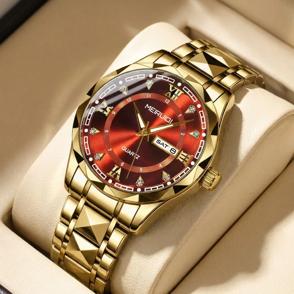 

1pcs Men's red dial alloy strap vintage fashion classic business calendar details Quartz Watch for business party holiday