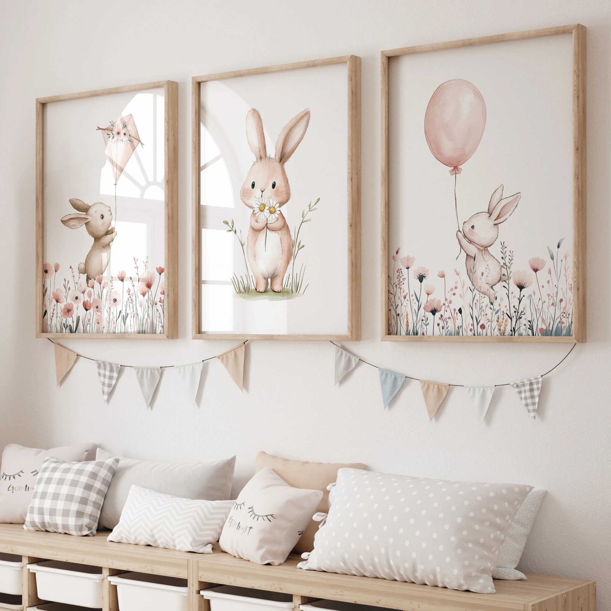 1/3pcsBunny Flying A Kite 3pcs Wand Kunstdrucke Leinwand Malerei Poster Bild Für Wohnzimmer Schlafzimmer Kinder spielen Zimmer Home Decor