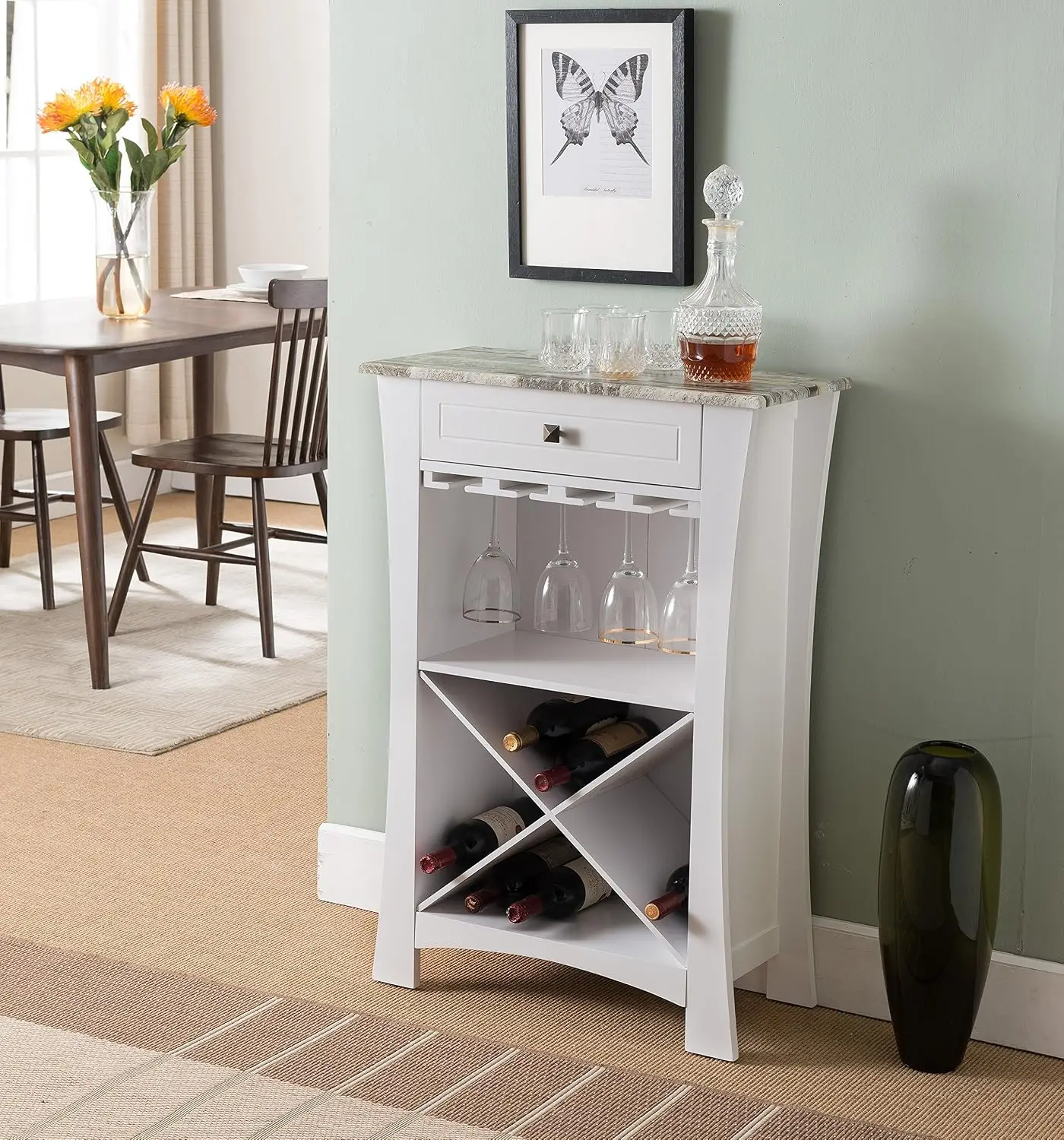 White Bar Cabinet Wine Storage Glass Holders & Drawer, Customized