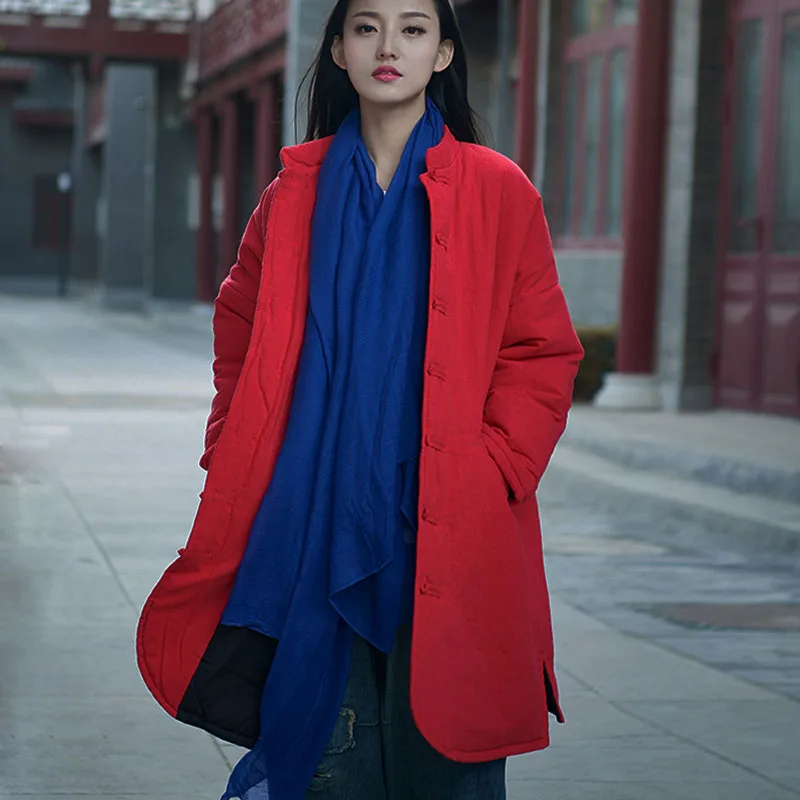 Winter Red Windbreaker Sewn Cotton Hemp Women's Single Row Disc Buckle Retro Loose Thick Chinese Coat Casual Long Cotton Coat