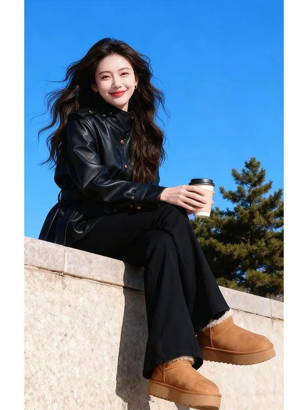 Elegant Black Long Sleeve Waist-Cinched Belted Leather Jacket Women's Fashion Spring Autumn New Button Beautiful Top