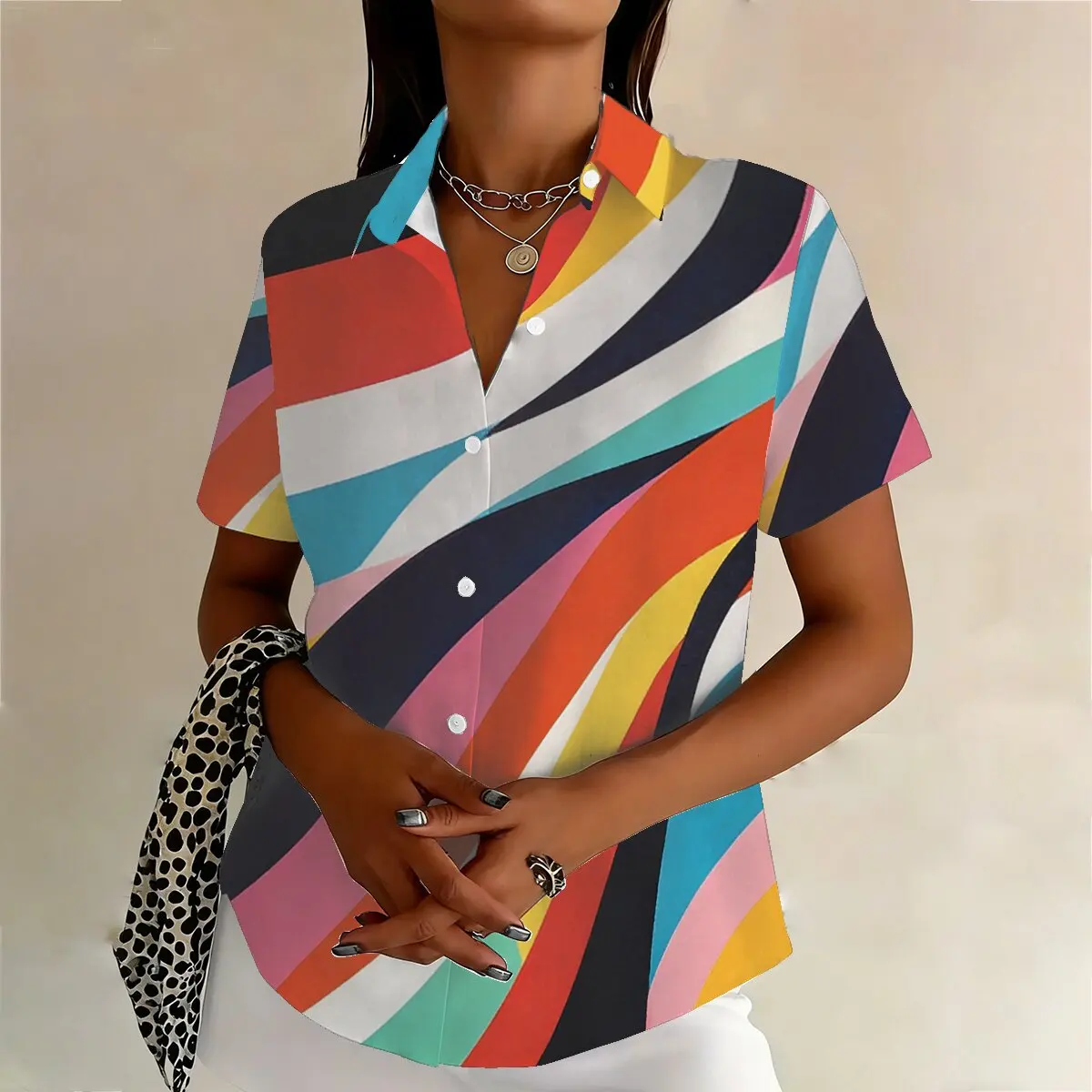 Summer Women's Plus-Size Short-Sleeve Shirt,Colorful Contrast Stripes,Vibrant and Bold,Perfect for Parties,Vacations and Casual