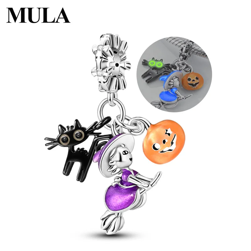 MULA 925 Sterling Silver Charms Pendant Witch Black Cat Pumpkin Beaded Charms Fit Original Bracelet Necklace Women DIY Jewelry