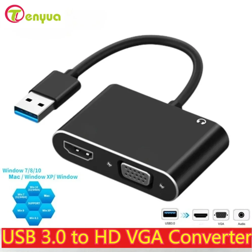 USB 3.0 to HD-compatible VGA Converter With Audio 1080P 2 in 1 USB to HD-compatible VGA Adapter or PC Laptop Windows 7/8/10