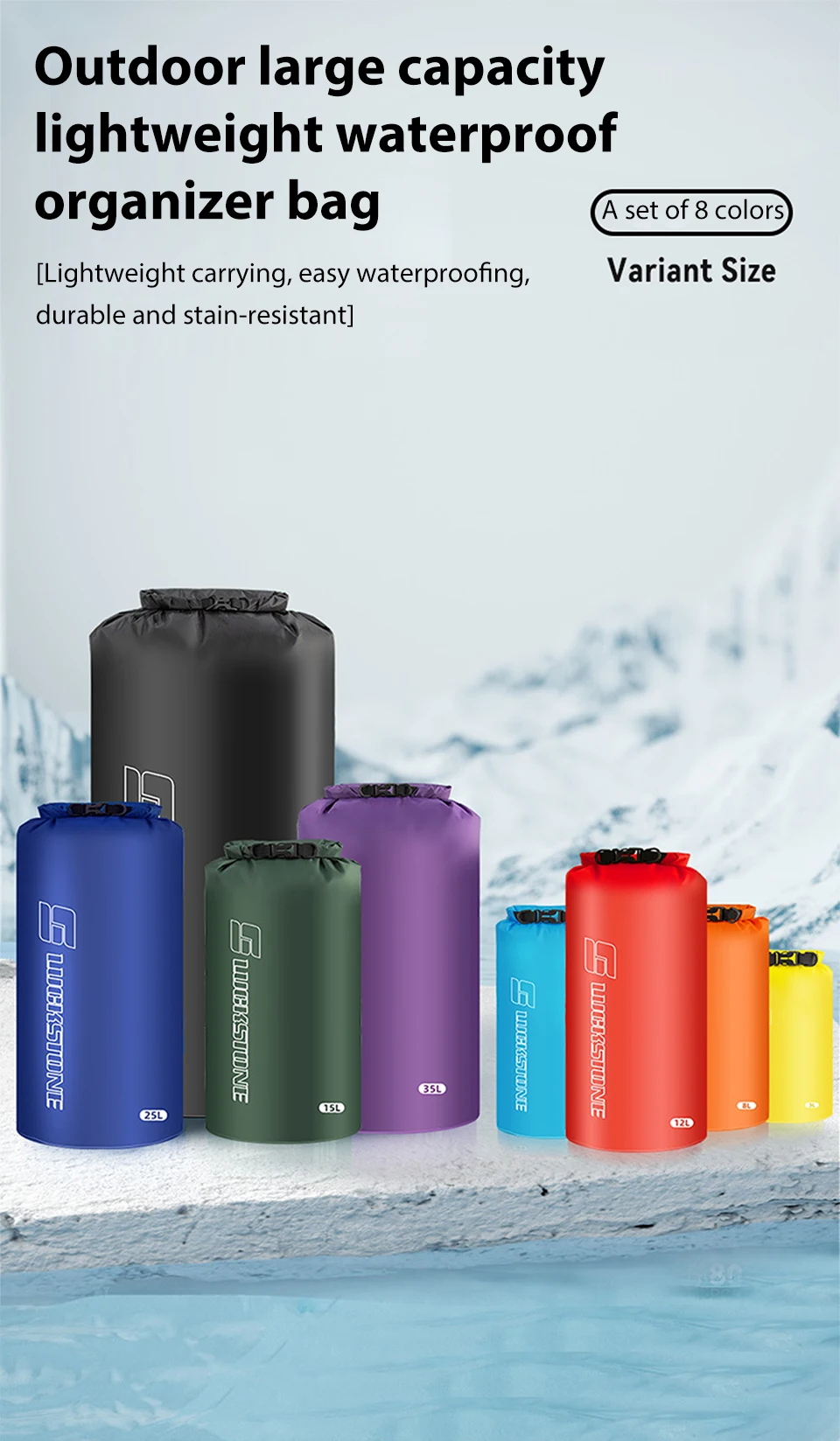3/8/12/15/25/35/75L Wasserdichter Packsack Ultraleichter Drifting Schwimmen Kleidung Aufbewahrungstasche für Camping Bootfahren Wandern Rafting – Detail 1