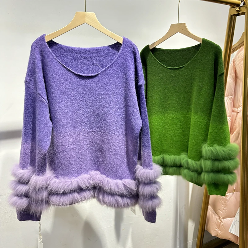 2025 frauen Herbst Echtpelz Gestrickte Pullover Natürliche Fuchs Pelz Mädchen Frühling Bunte Pullover Mantel