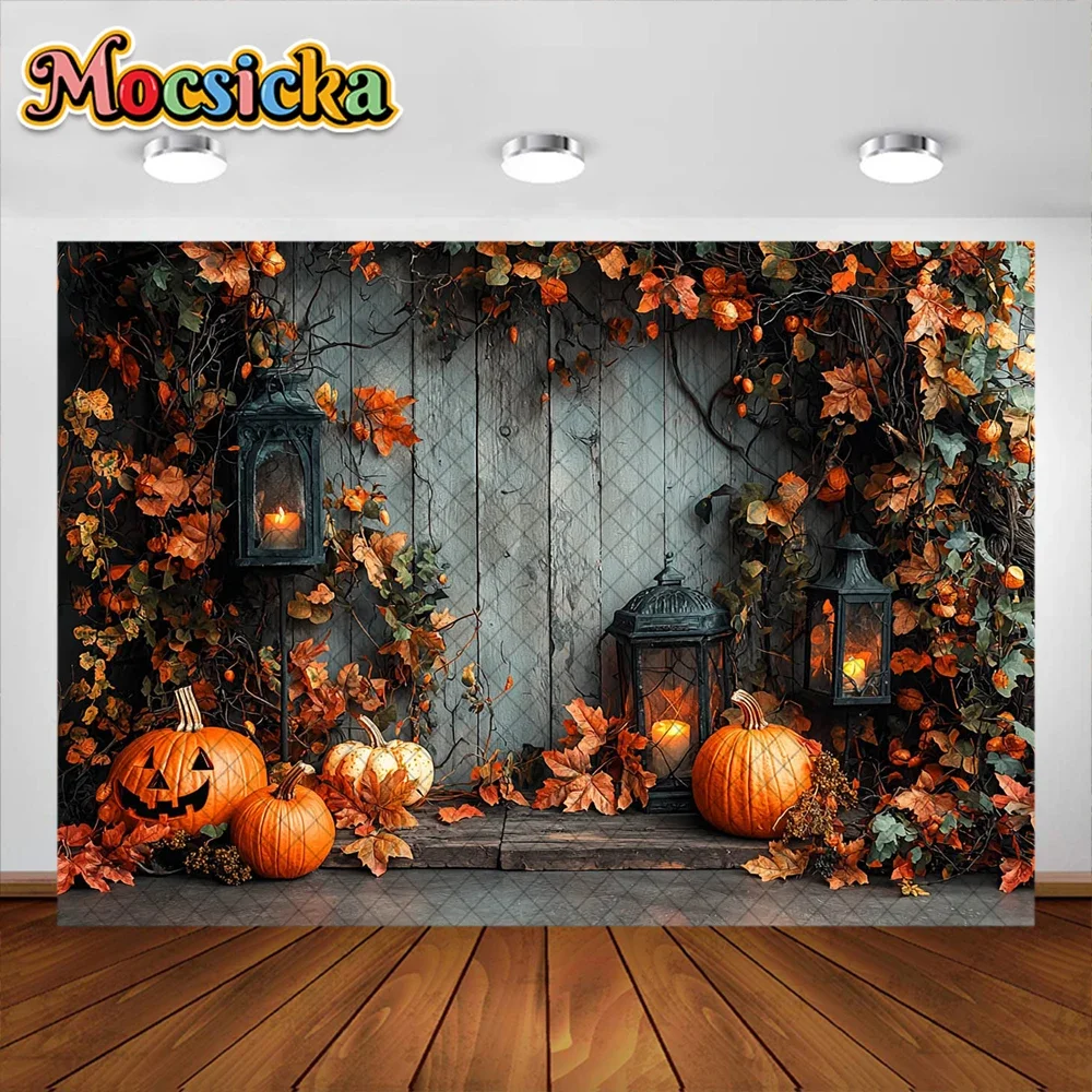 Mocsicka Photography Background Wood Door Pumpkin Autumn Maple Leaf Holiday Decoration Kids Portrait Photo Backdrops Studio Prop