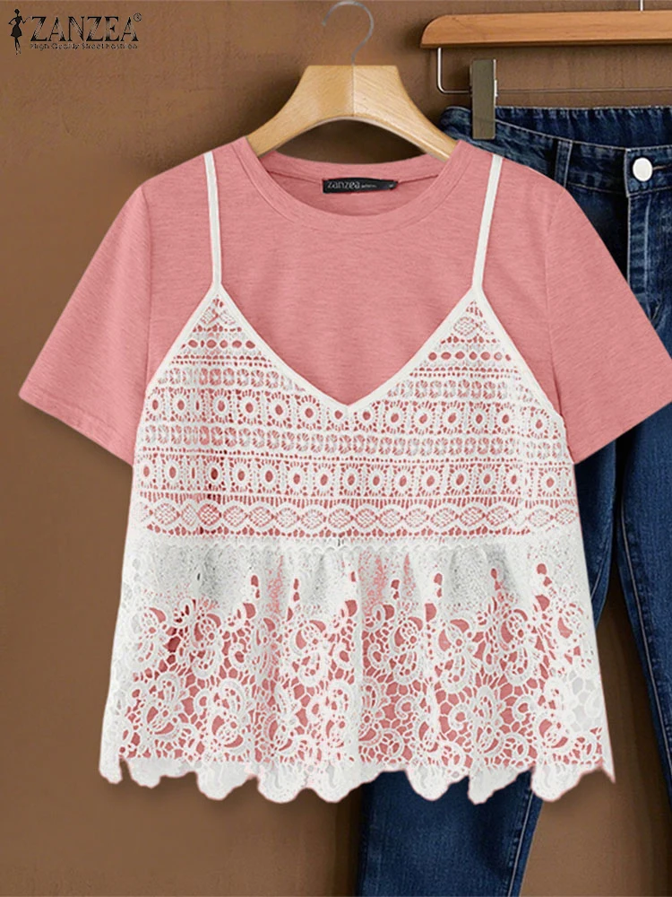 ZANZEA النساء تي شيرت الصيف بلايز 2025 موضة قصيرة الأكمام الدانتيل تونك وهمية قطعتين تيز عادية فضفاض المرقعة الحلو القمصان