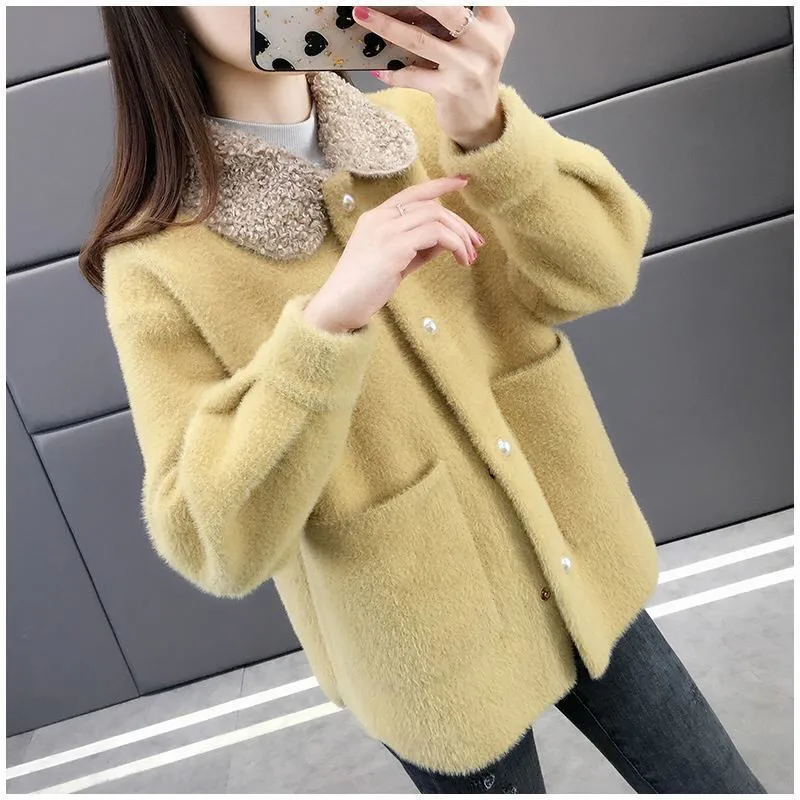 

2023 Faux Mink Velvet Coat Hot Sale Autumn Korean Women Furry Cardigan Coat Short Wild Knitted Sweater Jacket Ladies Cardigans