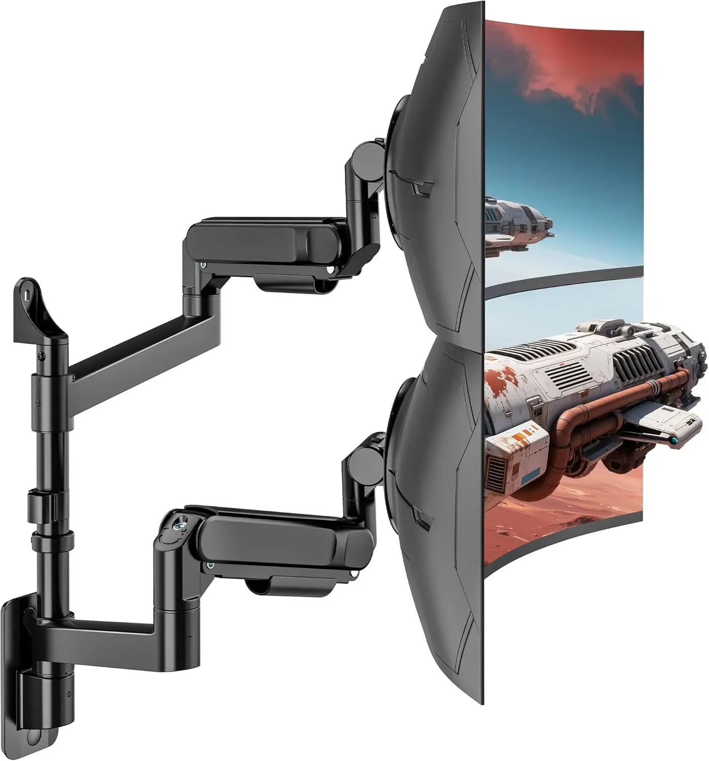 Dual Monitor Wall Mount for 24-57 Inch Ultrawide Screens, Heavy Duty Arm Holds 60 lbs, Full Motion Gas Spring, Easy Adjustment