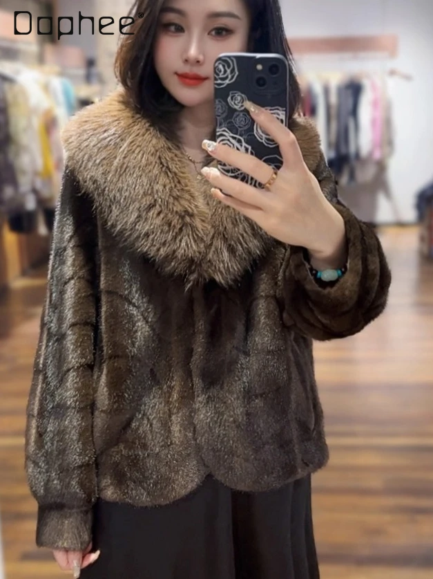 

Элегантное светское экологически чистое пальто из искусственного меха с плюшевым воротником, утолщенное однобортное свободное утягивающее пальто из искусственного лисьего меха, новинка зимы