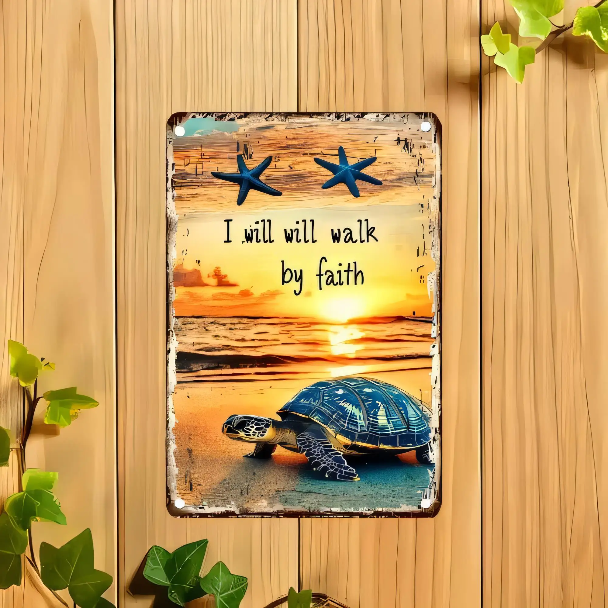 Tin Sign Vintage Turtle Sea Beach Metal Plaque I Will Walk By Faith Inspirational Coastal Wall Decor for Home Bedroom Garage Bar
