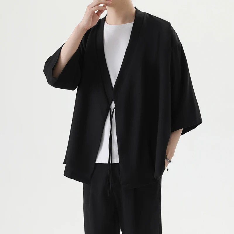 

Men's Casual Kimono Style Japanese Loose Fit 3/4 Sleeve Open Front Shirt for Summer Vacation Clothes Black White