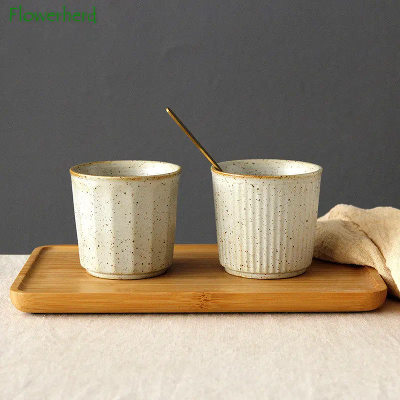 Coarse Pottery Tea Cup Vertical Stripes Teaware Handmade Retro Water Cup Japanese Handheld Office Ceramic Coffee Milk Tea Cups