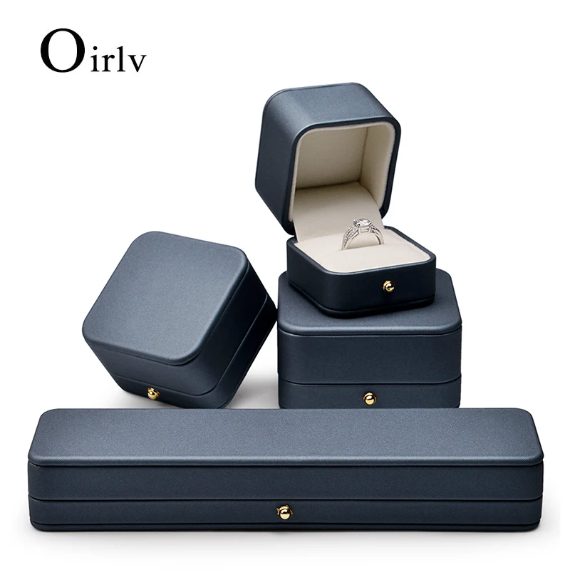 Oirlv Gorgeous Steel-Blue Ring Box Premium Leather Ring Gift Box For Wedding Proposal Jewelry Storage Case Bracelet Necklace