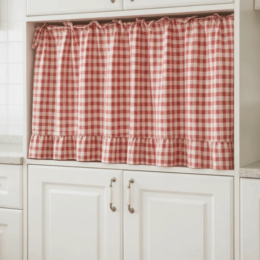 Ruffled Edge Farmhouse Plaid Kitchen Oven Skirt No Drilling with Tie Ribbon Kitchen Stove Cover Cotton Kitchen Cabinet Curtain