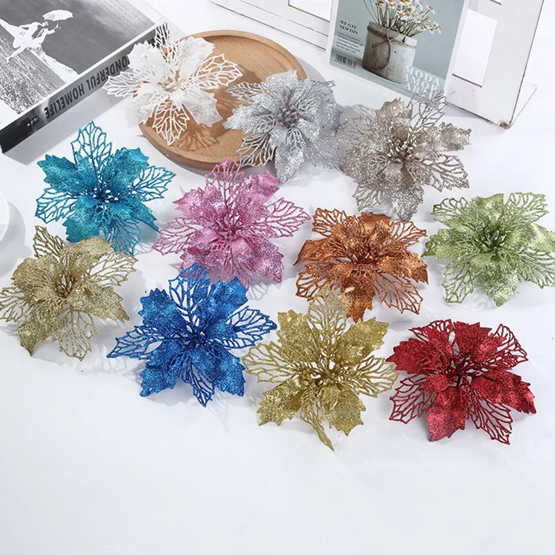 

Golden Christmas Flowers Tree Decorations Hollow out Simulated Flowers DIY Ornaments Pendant for Wholesale