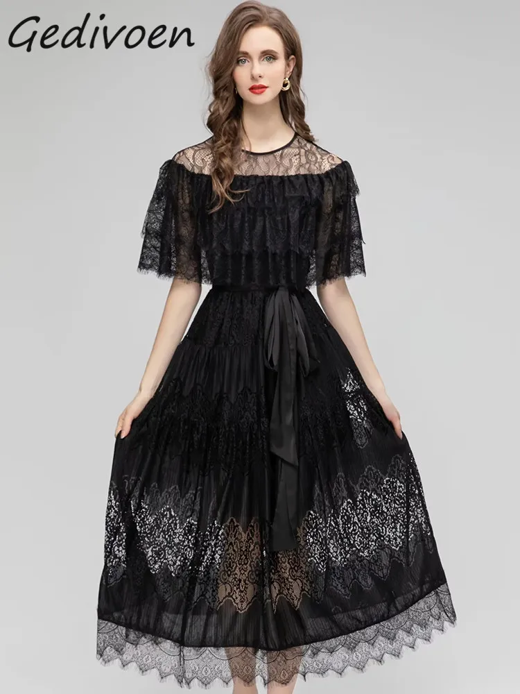 

Gedivoen Autumn Fashion Runway Black Vintage Lace Dress Women O Neck Short Sleeve Ruffle Frenulum Gathered Waist Slim Long Dress