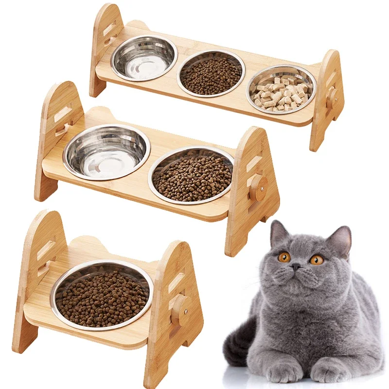 Bamboo Elevated Puppy Cat Bowls with Stand Adjustable RaisedCat Food Water Bowls Holder Rabbit Feeder for Small Medium Pet