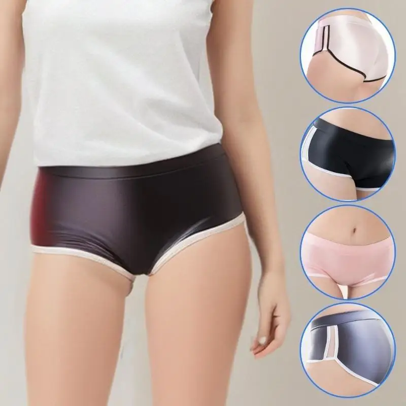 270D 女性のオイル光沢のあるスポーツ下着ボーイショーツストレッチジムボクサーショーツパンティー