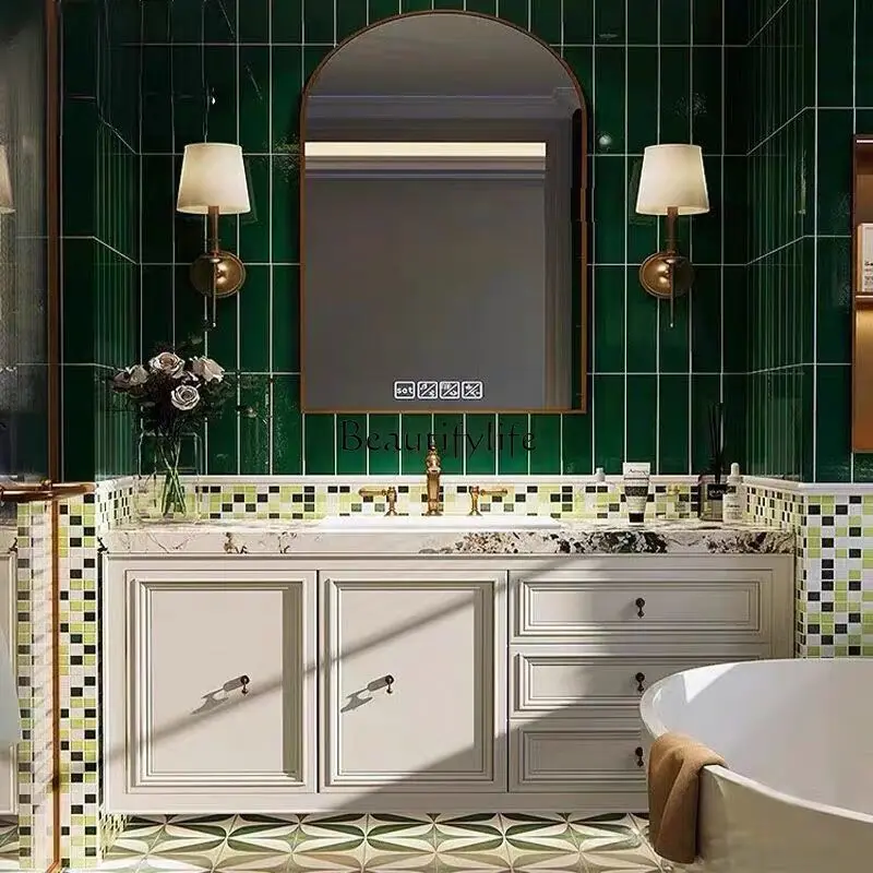 

American light luxury bathroom washstand rock slab seamless washbasin cabinet