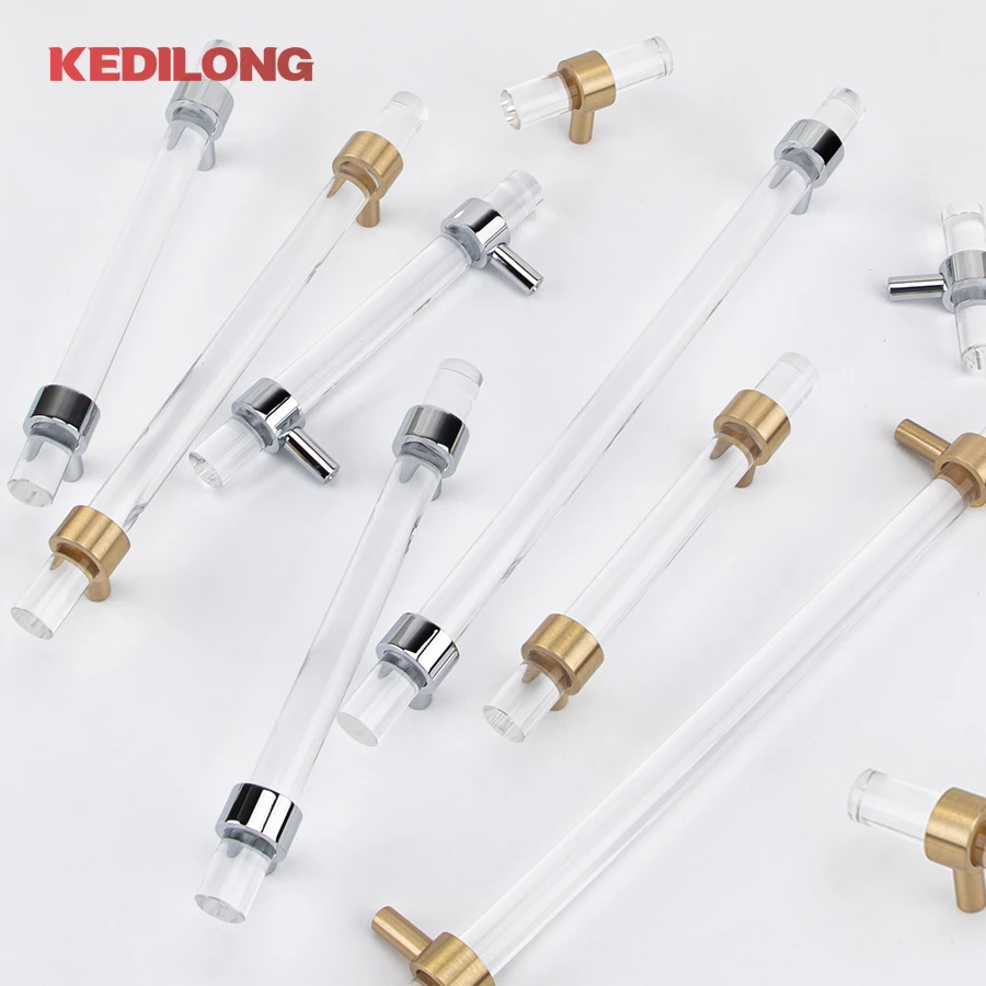 KEDLO Modern minimalist acrylic brass long handle furniture hardware cabinets gold transparent drawers silver T-handles