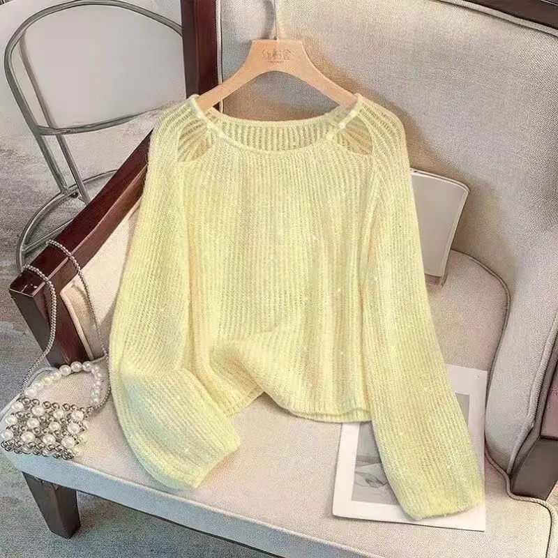 Sweet Women Autumn Hollow Out Knit Sweater Fashion Elegant Loose Cutout Shoulder Pearl Decor Long Sleeve Crop Top Daily Wear