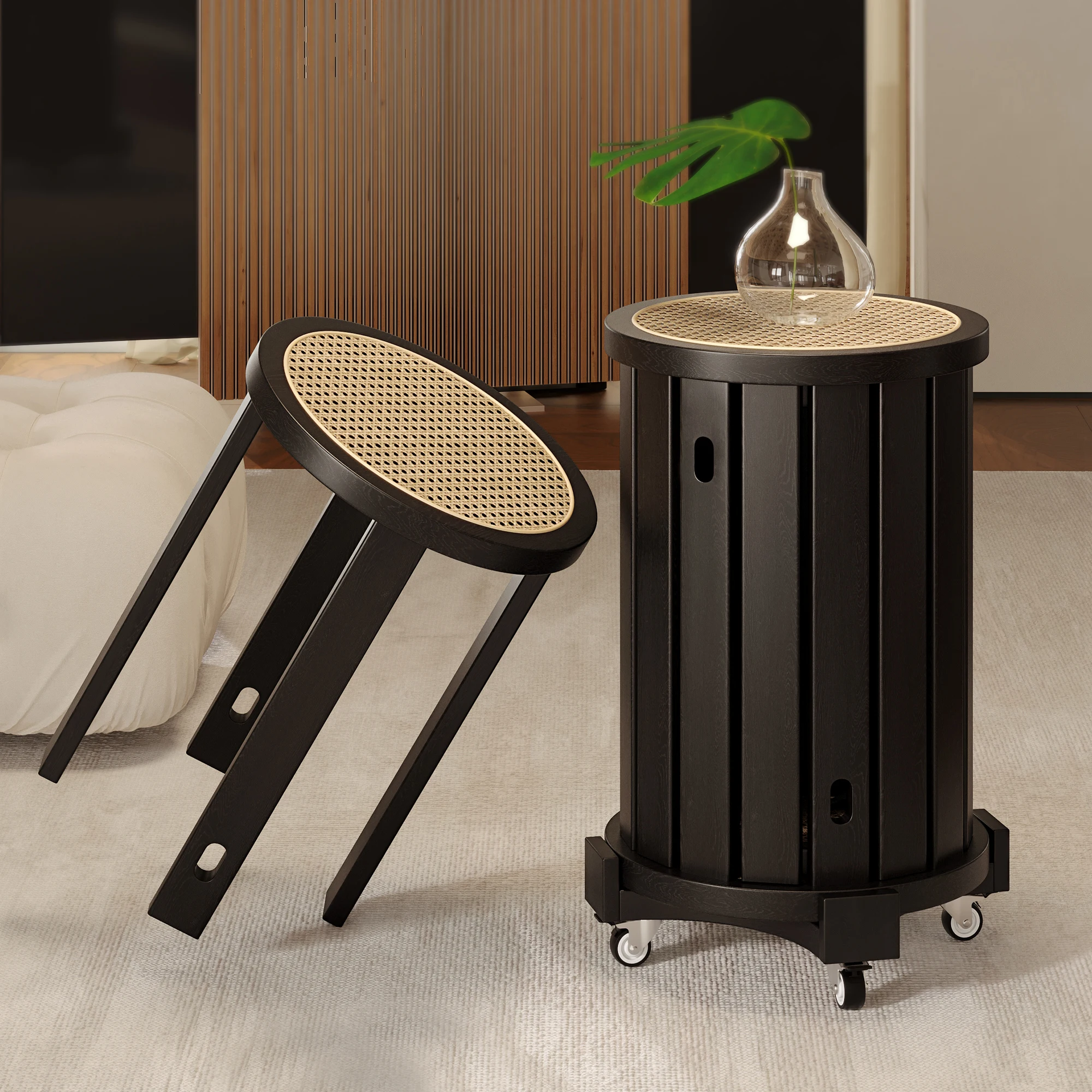 Solid wood stool household stackable spare dining table creative antique rattan weaving