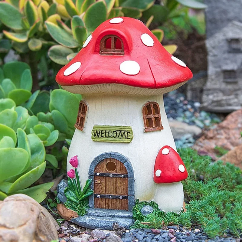 Mushroom House Solar Lamp Resin Craft Gardening Garden Miniature Fairy Landscape House Decoration Ornament