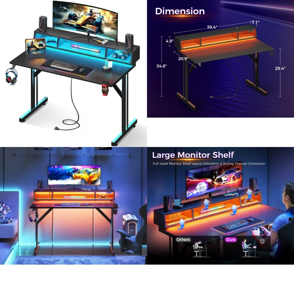 

Computer DesksKids Boys Study Desk with LED Lights and Power Outlets for Gaming and Homework Black