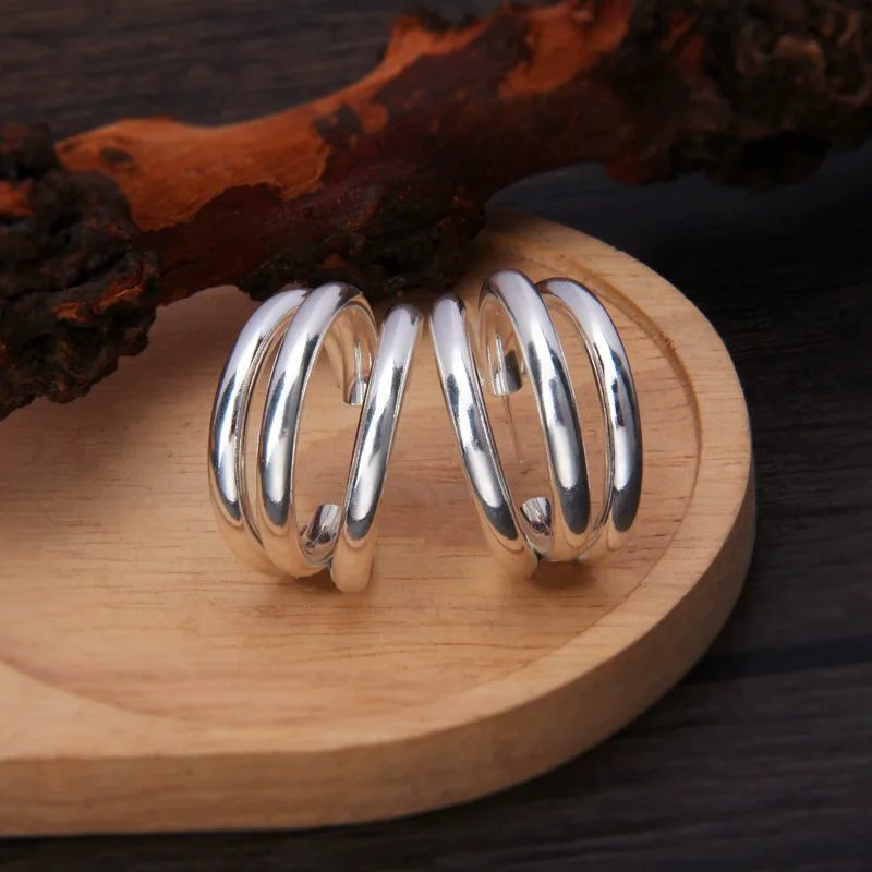 S925 pure silver ear nail exaggerated C-shaped three ring circle light luxury socialite temperament retro fashion