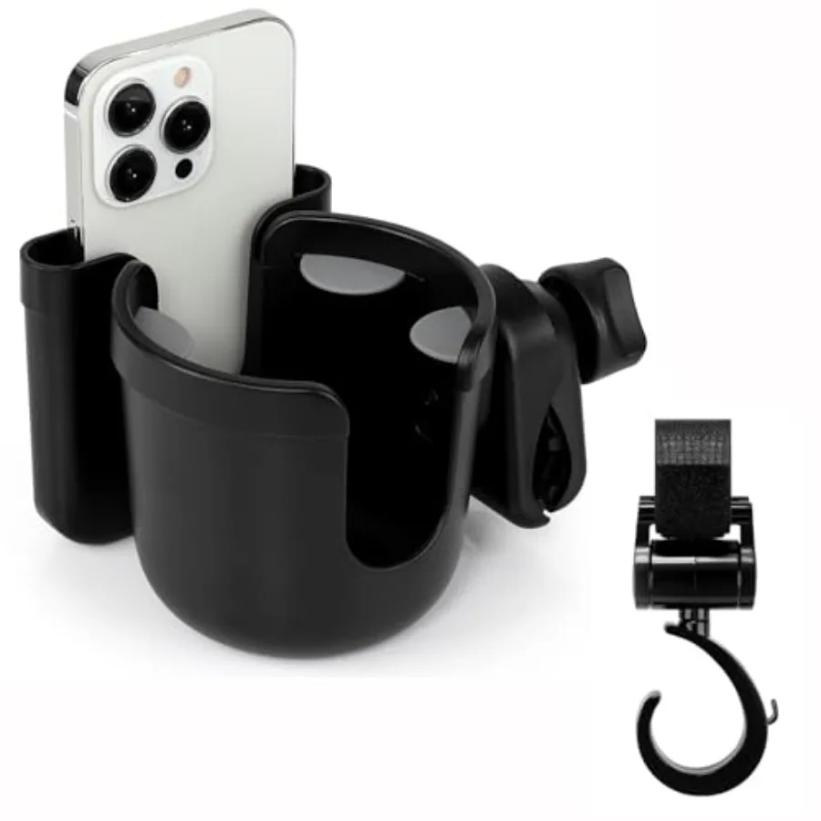 

Universal cup holder set with hook for walker, wheelchair, stroller, rollator, scooter, bikedurable plastic, black, adjustable