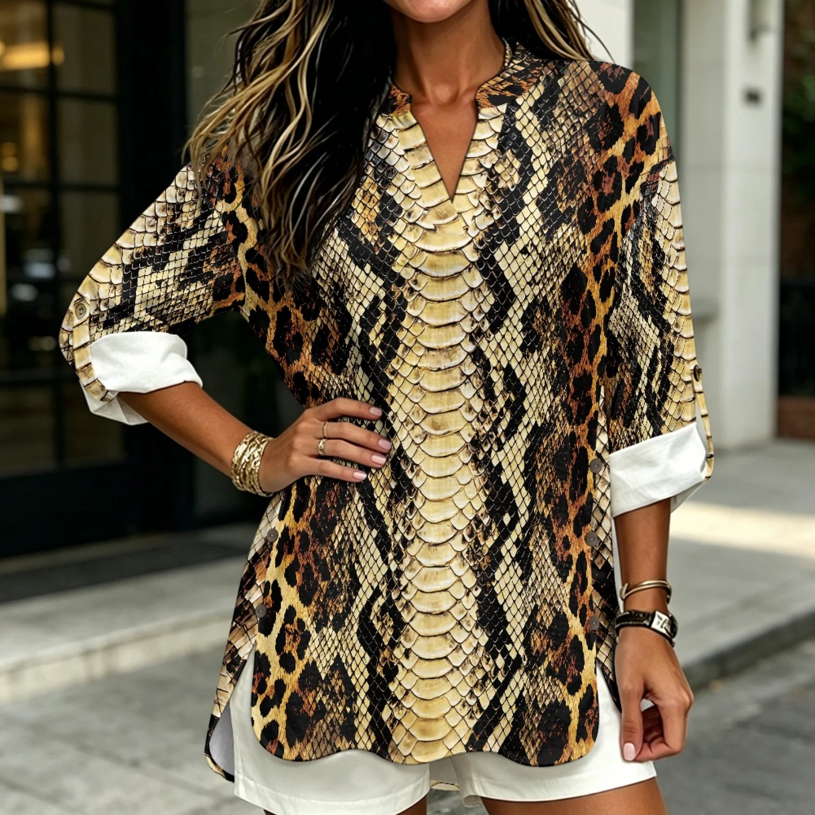PENSTROLL Snake Skin Print Linen Style Long Sleeve Tops Loose Women's Shirts for Ladies Sizes S-5XL