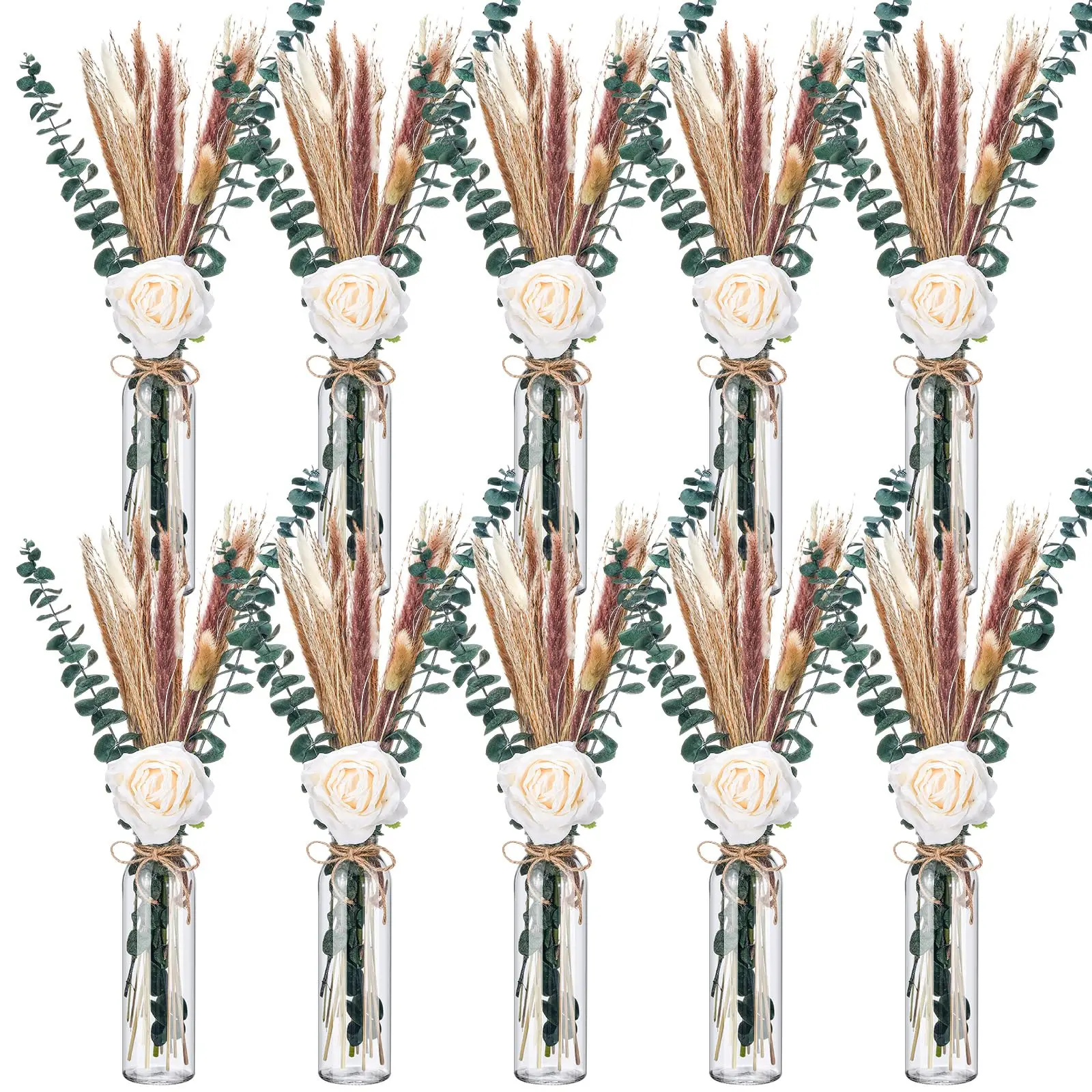 

10 Set Dried Pampas Grass Centerpiece Glass Jars 10 Silk Roses 80 Stems for Wedding Baby Shower Party Rustic Farmhouse Decor
