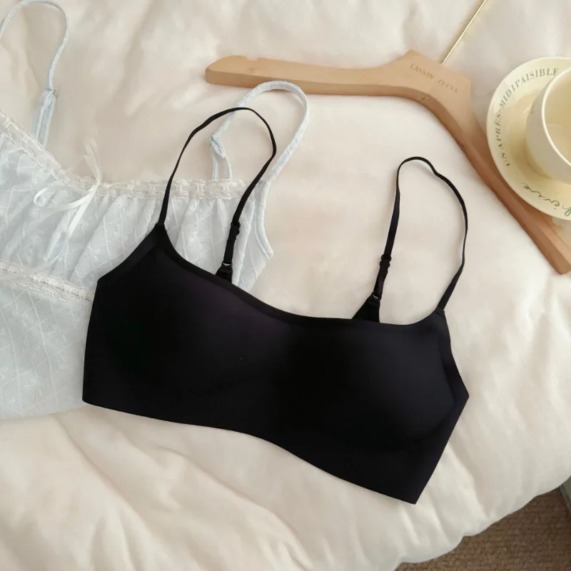 Women 0.3cm Thin Square Neck Seamless Bra Wireless Jelly Strip Side Collect Minimizer Fixed Cup Invisible Basic Camisole Bra