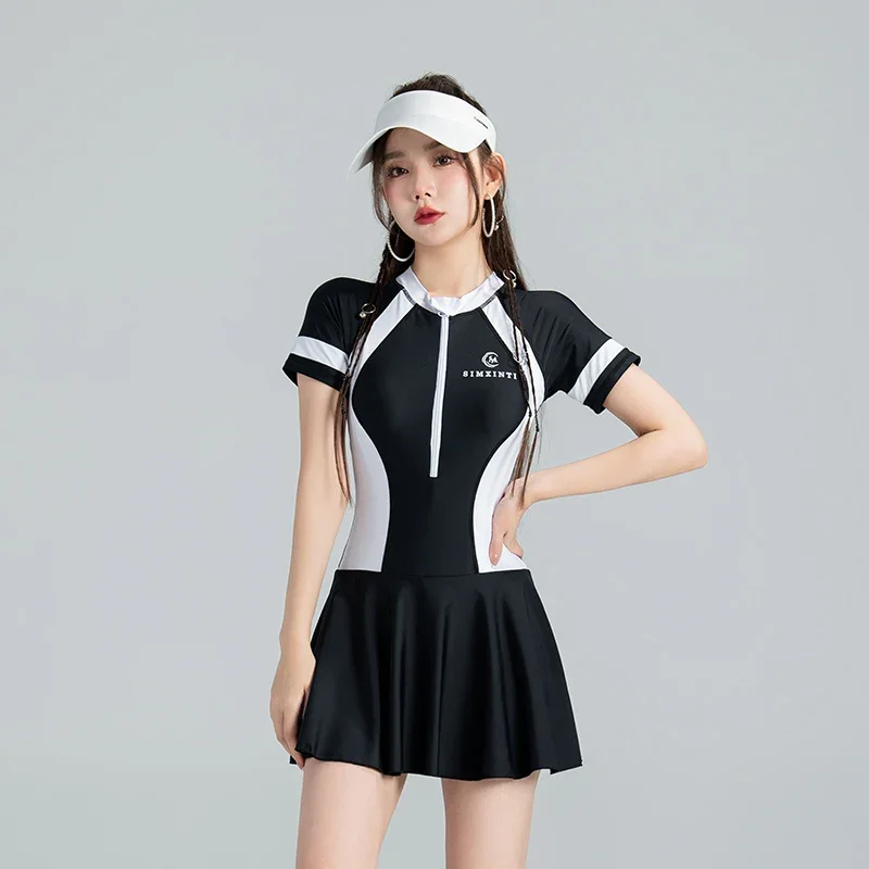 

2025 Rash Guard One Piece Short Sleeve Swimsuit Women Swimwear Surfing Sport Female Swimming Suits With Skirt Hot Spring Bathing