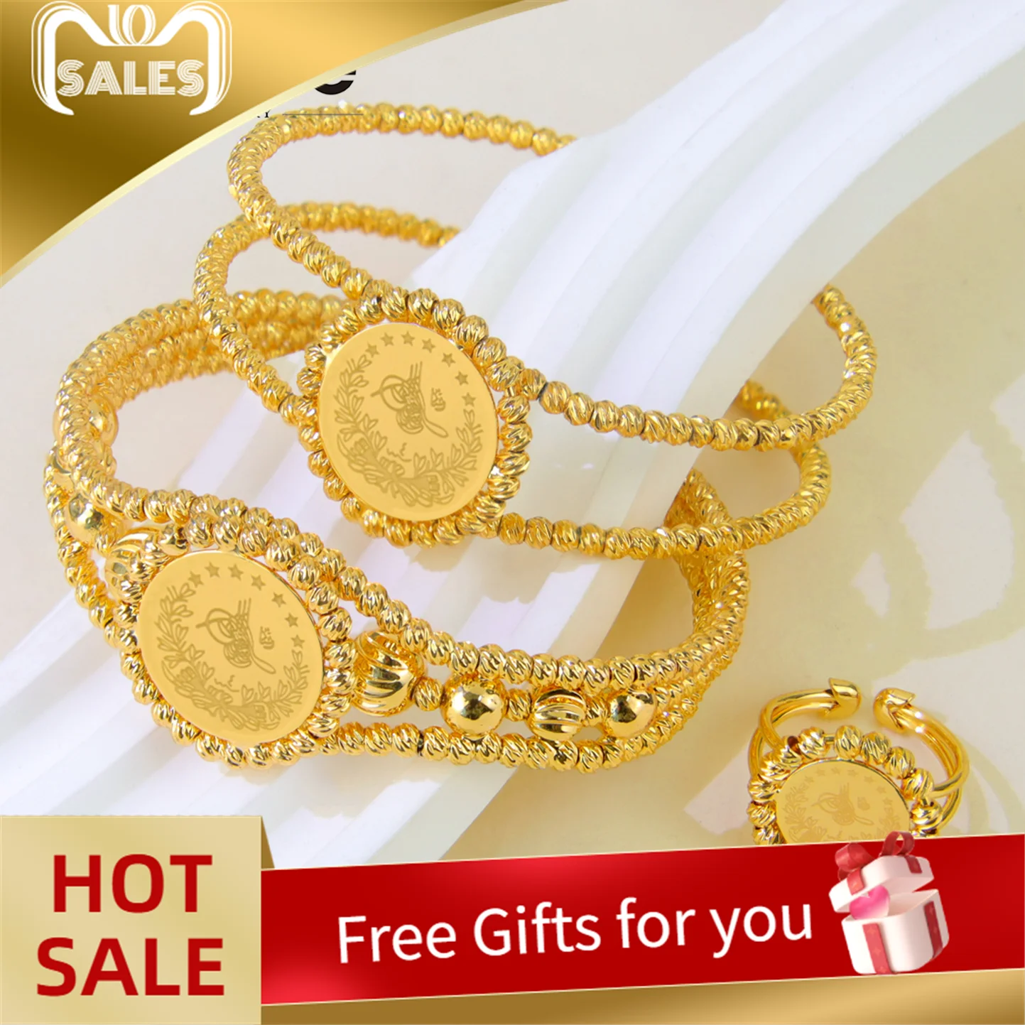 

Turkish Gold Plated Coins Bracelet Ring 21k Gold Color Adjustable Trendy Cuff Bangles Dubai Women Bridal Wedding Party Jewelry