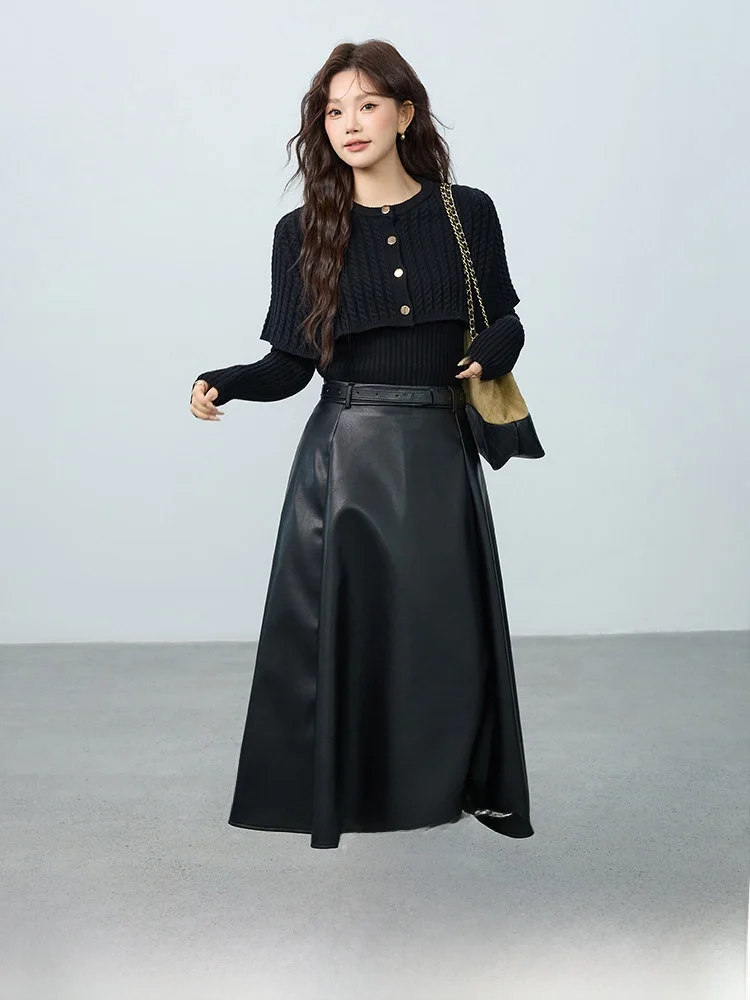 

Faionable Winter Outfit Large Size Women's Clothing Set Ele oulder awl High Waist Skirt Polyester Nylon Viscose