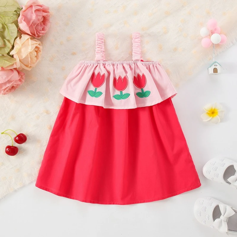 Girls Summer Halter Dress Three Small Flowers Korean Version Embroidery Lace Sleeveless Children's Skirt  New Children's Wear