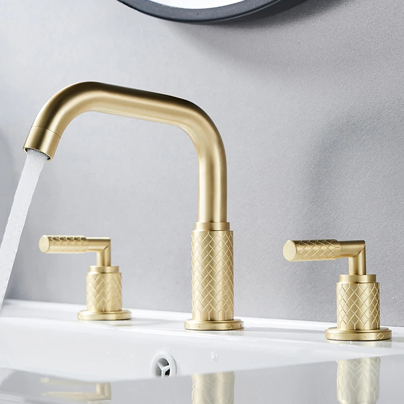 Brush Gold Basin Faucets Bathroom Sink Faucet Black Brass 3 Holes Double Handle Bathbasin Bathtub Taps Hot And Cold Water Mixer