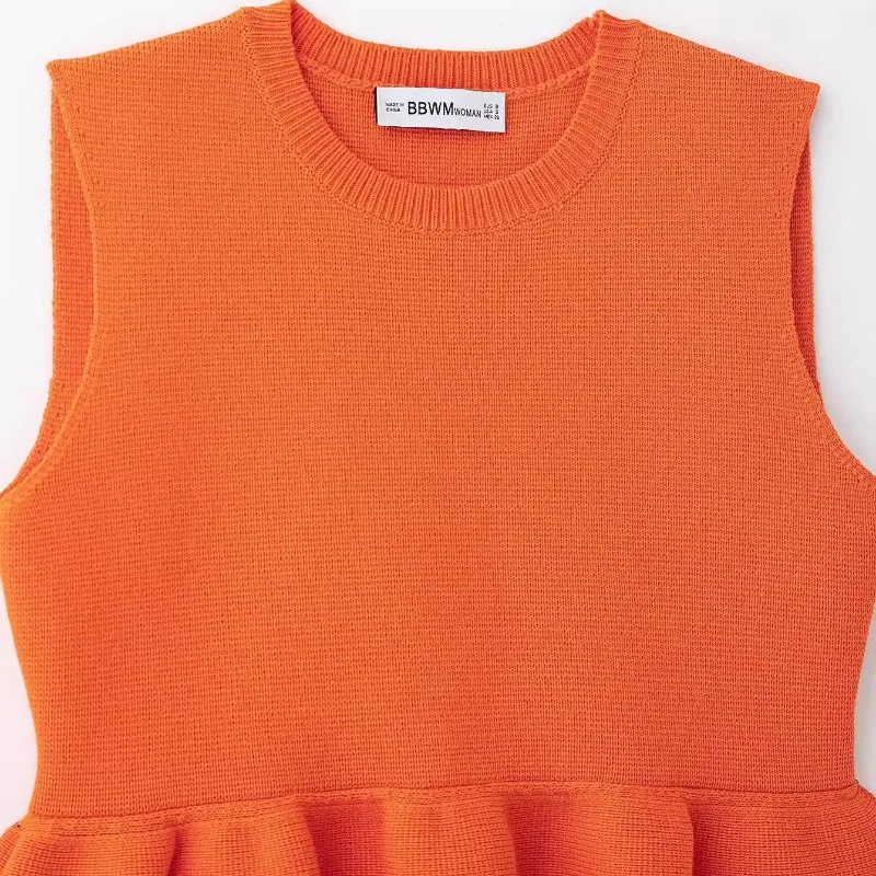 Topenomi Orange Knitted Vest Women French Elegant O Neck Sleeveless Slim Fit Ruffle Crop Top Summer Y2k Fashion Solid Pullover