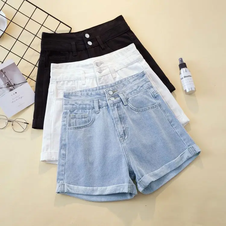 

Джинсовые орты свободного кроя с высокой талией для женщин, с манжетами по подолу, трапециевидной формы, большие размеры, для похудения, летние шорты, повседневные брюки